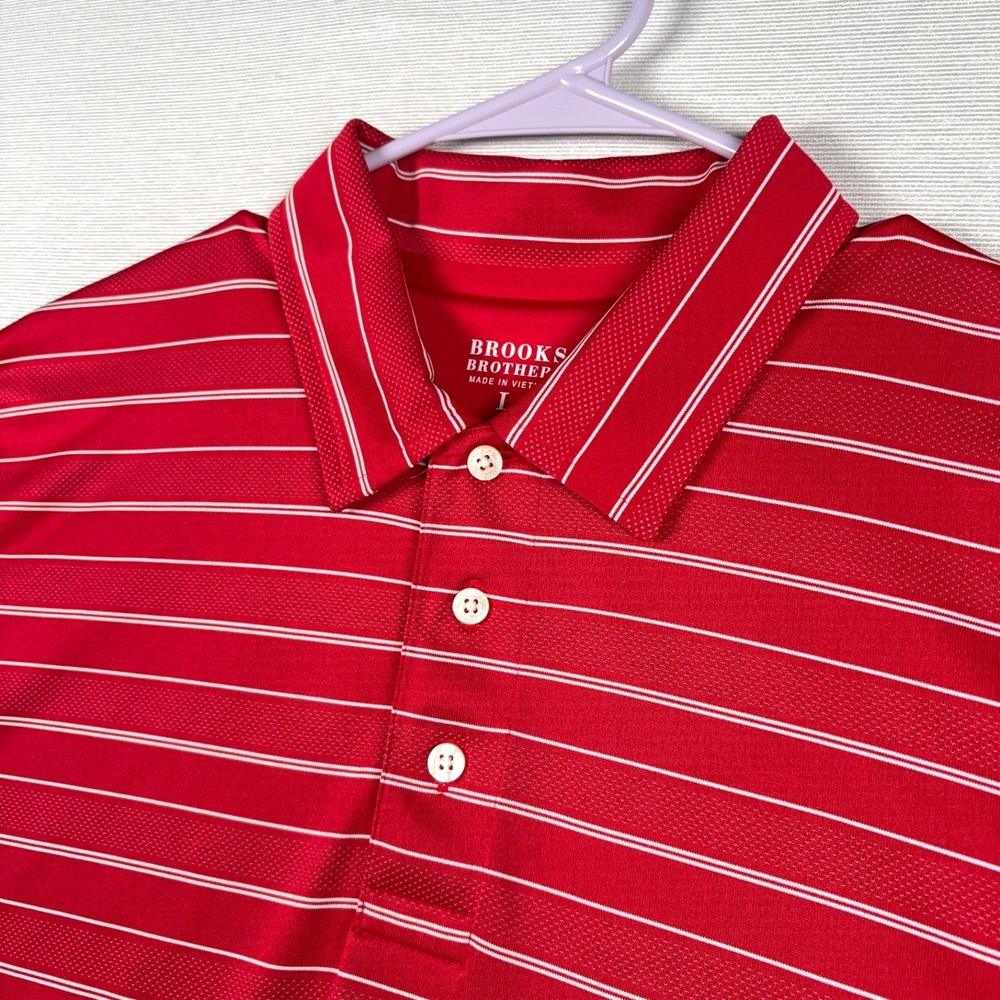 Brooks Brothers Polo Shirt Mens Size L Red White Striped Polyester Short Sleeve